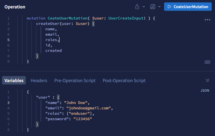 GraphQL Playground - Create User